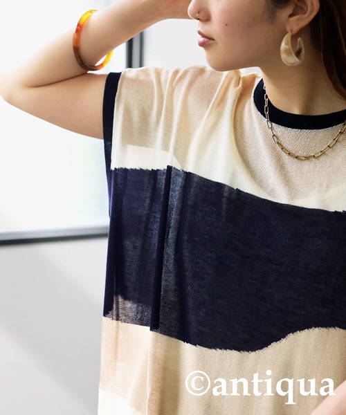 antiqua(アンティカ)の「麻タッチシアートップス(Tシャツ/カットソー・レディース・ベージュ/ブラック・ONESIZE)」の12枚目の写真
