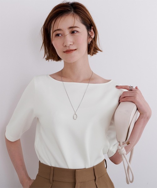 UR'S(ユアーズ)の「ボンディングハーフスリーブTシャツ(Tシャツ/カットソー・レディース・チャコール/ホワイト/ブラック・S/M/L)」の1枚目の写真