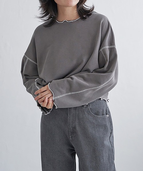 VENCEEXCHANGE（ヴァンスエクスチェンジ）の「裏毛配色ステッチトップス（Tシャツ/カットソー・レディース・オフホワイト/チャコール/チェリーレッド・FREE）」の2枚目の写真