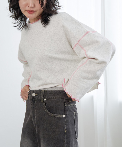 VENCEEXCHANGE（ヴァンスエクスチェンジ）の「裏毛配色ステッチトップス（Tシャツ/カットソー・レディース・オフホワイト/チャコール/チェリーレッド・FREE）」の7枚目の写真