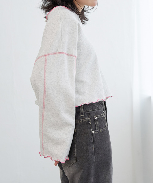 VENCEEXCHANGE（ヴァンスエクスチェンジ）の「裏毛配色ステッチトップス（Tシャツ/カットソー・レディース・オフホワイト/チャコール/チェリーレッド・FREE）」の9枚目の写真