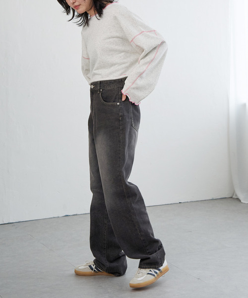 VENCEEXCHANGE（ヴァンスエクスチェンジ）の「裏毛配色ステッチトップス（Tシャツ/カットソー・レディース・オフホワイト/チャコール/チェリーレッド・FREE）」の4枚目の写真