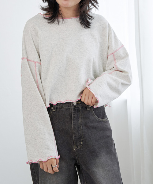 VENCEEXCHANGE（ヴァンスエクスチェンジ）の「裏毛配色ステッチトップス（Tシャツ/カットソー・レディース・オフホワイト/チャコール/チェリーレッド・FREE）」の10枚目の写真