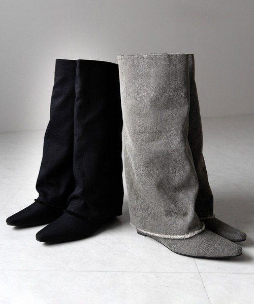 ※※【 ２color 】フリンジデニムカバーロングブーツ ／ fringe denim covered long boots（ブーツ）｜me+em select（ミームセレクト）