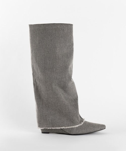 ※※【 ２color 】フリンジデニムカバーロングブーツ ／ fringe denim covered long boots（ブーツ）｜me+em select（ミームセレクト）