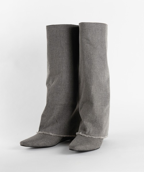 ※※【 ２color 】フリンジデニムカバーロングブーツ ／ fringe denim covered long boots（ブーツ）｜me+em select（ミームセレクト）