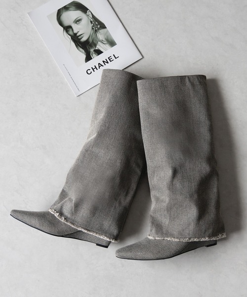 ※※【 ２color 】フリンジデニムカバーロングブーツ ／ fringe denim covered long boots（ブーツ）｜me+em select（ミームセレクト）