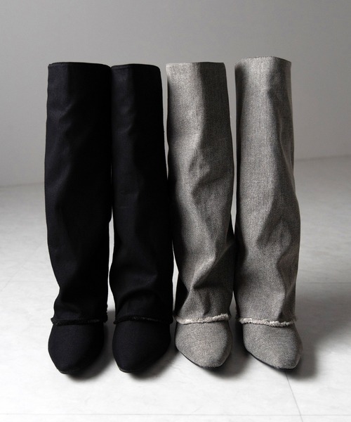 ※※【 ２color 】フリンジデニムカバーロングブーツ ／ fringe denim covered long boots（ブーツ）｜me+em select（ミームセレクト）