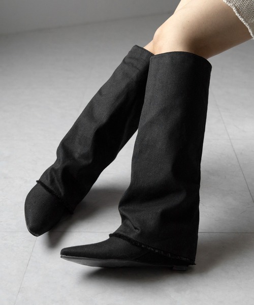 ※※【 ２color 】フリンジデニムカバーロングブーツ ／ fringe denim covered long boots（ブーツ）｜me+em select（ミームセレクト）