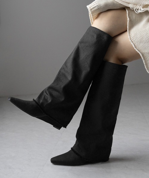 ※※【 ２color 】フリンジデニムカバーロングブーツ ／ fringe denim covered long boots（ブーツ）｜me+em select（ミームセレクト）