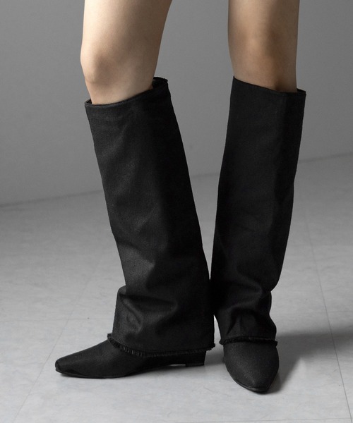 ※※【 ２color 】フリンジデニムカバーロングブーツ ／ fringe denim covered long boots（ブーツ）｜me+em select（ミームセレクト）