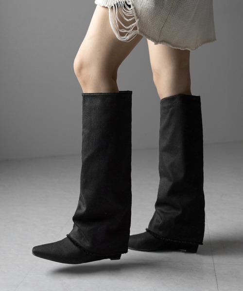 ※※【 ２color 】フリンジデニムカバーロングブーツ ／ fringe denim covered long boots（ブーツ）｜me+em select（ミームセレクト）