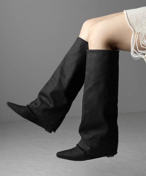 ※※【 ２color 】フリンジデニムカバーロングブーツ ／ fringe denim covered long boots（ブーツ）｜me+em select（ミームセレクト）