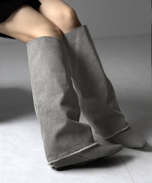 ※※【 ２color 】フリンジデニムカバーロングブーツ ／ fringe denim covered long boots（ブーツ）｜me+em select（ミームセレクト）