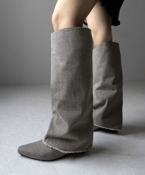 ※※【 ２color 】フリンジデニムカバーロングブーツ ／ fringe denim covered long boots（ブーツ）｜me+em select（ミームセレクト）