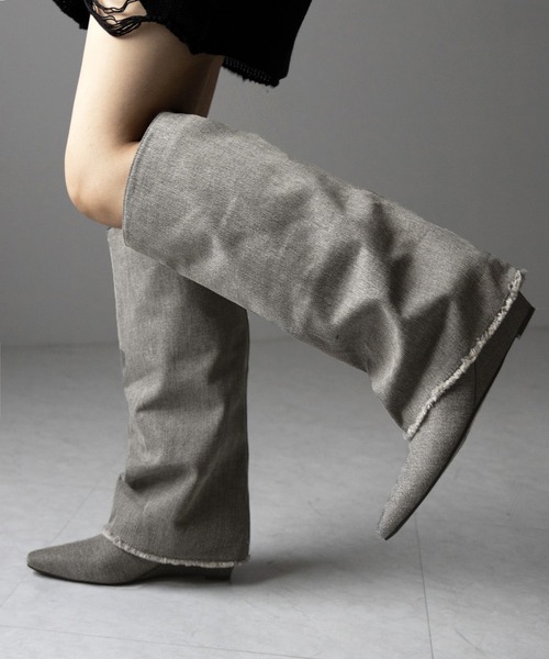 ※※【 ２color 】フリンジデニムカバーロングブーツ ／ fringe denim covered long boots（ブーツ）｜me+em select（ミームセレクト）