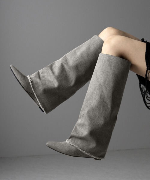 ※※【 ２color 】フリンジデニムカバーロングブーツ ／ fringe denim covered long boots（ブーツ）｜me+em select（ミームセレクト）