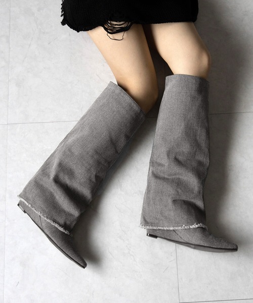 ※※【 ２color 】フリンジデニムカバーロングブーツ ／ fringe denim covered long boots（ブーツ）｜me+em select（ミームセレクト）