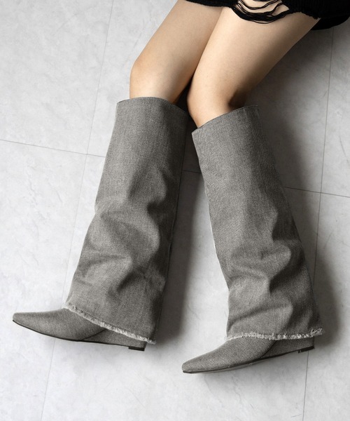 ※※【 ２color 】フリンジデニムカバーロングブーツ ／ fringe denim covered long boots（ブーツ）｜me+em select（ミームセレクト）