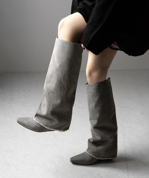 ※※【 ２color 】フリンジデニムカバーロングブーツ ／ fringe denim covered long boots（ブーツ）｜me+em select（ミームセレクト）