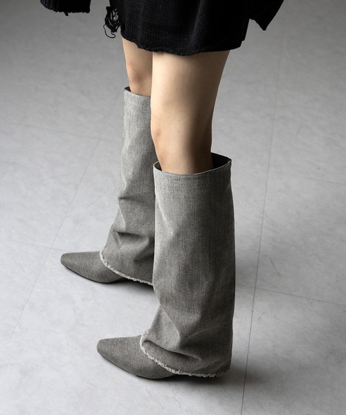 セール】※※【 2color 】フリンジデニムカバーロングブーツ