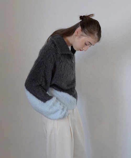 MINERTE（ミネルテ）の「【MINERTE】cropped half zip knit pullover / ブークレハーフジッププルオーバー（ニット/セーター・レディース・ブラック/チャコールグレー・FREE）」の19枚目の写真
