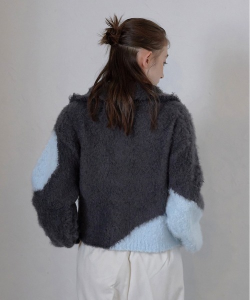 MINERTE（ミネルテ）の「【MINERTE】cropped half zip knit pullover / ブークレハーフジッププルオーバー（ニット/セーター・レディース・ブラック/チャコールグレー・FREE）」の21枚目の写真