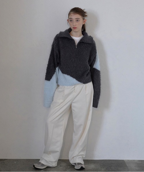 MINERTE（ミネルテ）の「【MINERTE】cropped half zip knit pullover / ブークレハーフジッププルオーバー（ニット/セーター・レディース・ブラック/チャコールグレー・FREE）」の22枚目の写真