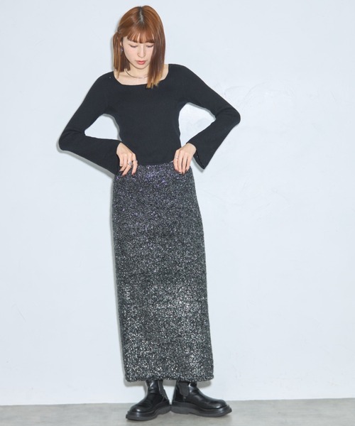 the toe ラメ　シャギースカート　ブラック　ニットスカート the toe ラメ シャギースカート ブラック ニットスカート the