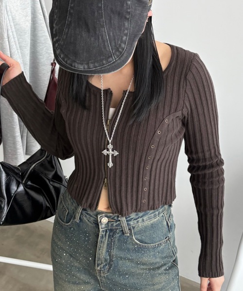 SHAGGIE(シャギー)の「ダブルジップリブハトメ綿ニット(ニット/セーター・レディース・ホワイト/カーキ/ブラウン・FREE)」の3枚目の写真