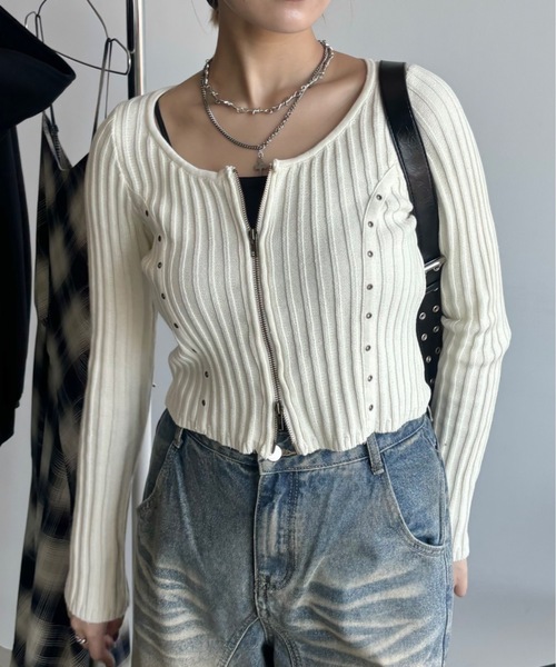 SHAGGIE(シャギー)の「ダブルジップリブハトメ綿ニット(ニット/セーター・レディース・ホワイト/カーキ/ブラウン・FREE)」の2枚目の写真