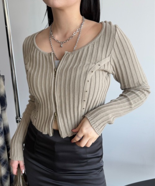 SHAGGIE(シャギー)の「ダブルジップリブハトメ綿ニット(ニット/セーター・レディース・ホワイト/カーキ/ブラウン・FREE)」の4枚目の写真