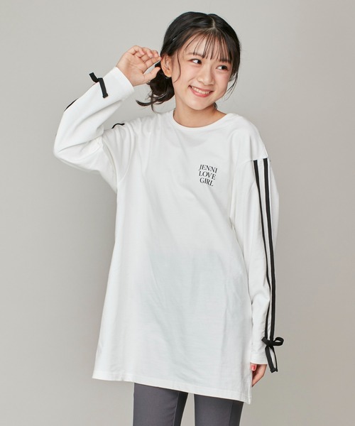 JENNI love（ジェニィラブ）の「そでラインリボンロング丈ロンT（Tシャツ/カットソー・キッズ・オフホワイト/チャコールグレー・130cm/140cm/150cm/160cm）」の3枚目の写真