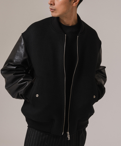 EDIFICE LA BOUCLE(エディフィスラブークル)の「LA BOUCLE (ラブークル) HEAVY BEAVER BOMBER JKT(スタジャン・メンズ・ブラック/ネイビー・2/3)」の1枚目の写真