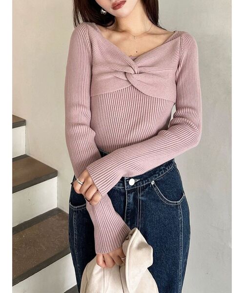 RESEXXY（リゼクシー）の「ツイストリボンニットトップス（ニット/セーター・レディース・ブラック/ピンク/ホワイト・FREE）」の3枚目の写真