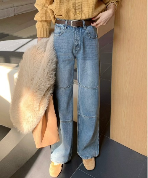 【セール】デニムワンウォッシュ切り替えストレートパンツ（デニムパンツ）｜FINEnough（ファインナフ）