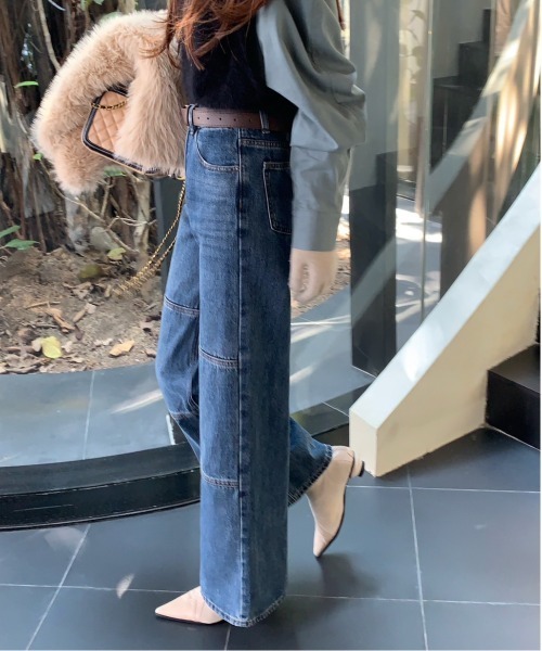 【セール】デニムワンウォッシュ切り替えストレートパンツ（デニムパンツ）｜FINEnough（ファインナフ）