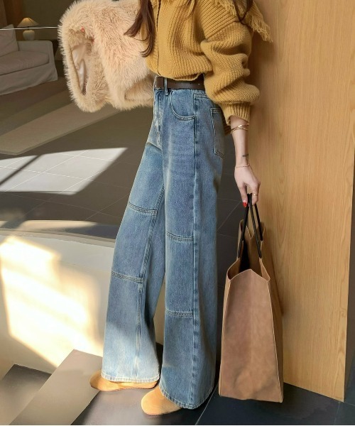 【セール】デニムワンウォッシュ切り替えストレートパンツ（デニムパンツ）｜FINEnough（ファインナフ）