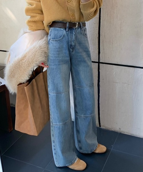 【セール】デニムワンウォッシュ切り替えストレートパンツ（デニムパンツ）｜FINEnough（ファインナフ）