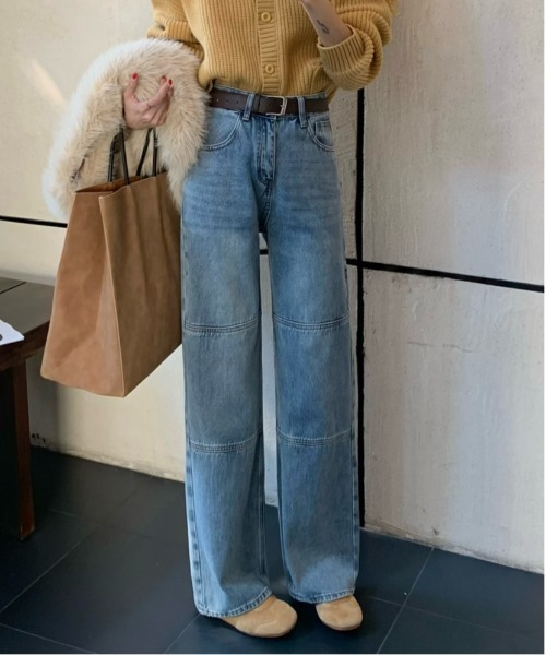 【セール】デニムワンウォッシュ切り替えストレートパンツ（デニムパンツ）｜FINEnough（ファインナフ）