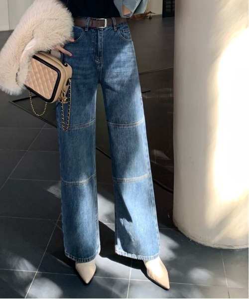 【セール】デニムワンウォッシュ切り替えストレートパンツ（デニムパンツ）｜FINEnough（ファインナフ）