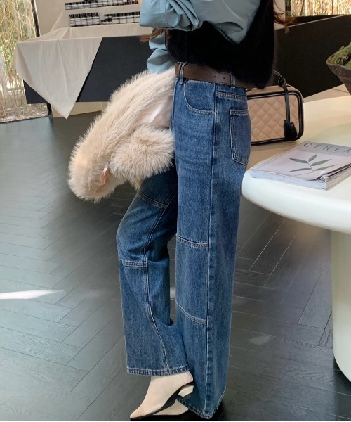 【セール】デニムワンウォッシュ切り替えストレートパンツ（デニムパンツ）｜FINEnough（ファインナフ）