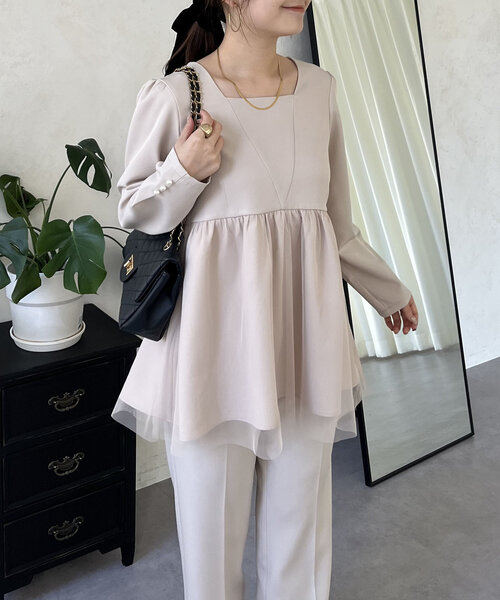 prose verse（プロズヴェール）の「【セレモニー】スクエアVネック裾チュールペプラムブラウス（シャツ/ブラウス・レディース・グレイッシュベージュ/ブラック・LARGE/MEDIUM）」の8枚目の写真