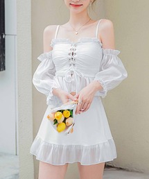 NANEA（ナネア）の「シアーフリルスカート＆パフスリーブ付きフロントレースアップトップス　スイムウェア（水着）」