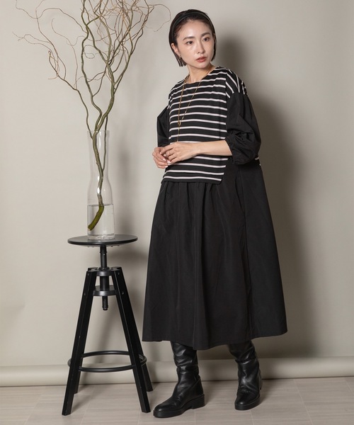 異素材ボーダー バルーン袖ワンピース（ワンピース）｜lodie（ロディ）