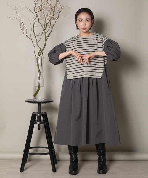 異素材ボーダー バルーン袖ワンピース（ワンピース）｜lodie（ロディ）