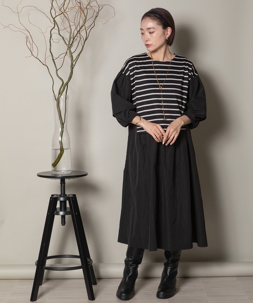 異素材ボーダー バルーン袖ワンピース（ワンピース）｜lodie（ロディ）