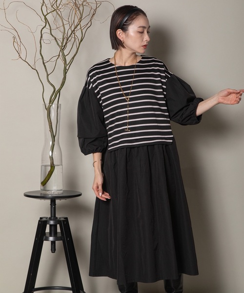 異素材ボーダー バルーン袖ワンピース（ワンピース）｜lodie（ロディ）