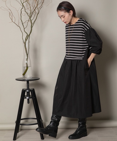 異素材ボーダー バルーン袖ワンピース（ワンピース）｜lodie（ロディ）