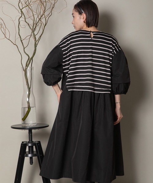 異素材ボーダー バルーン袖ワンピース（ワンピース）｜lodie（ロディ）